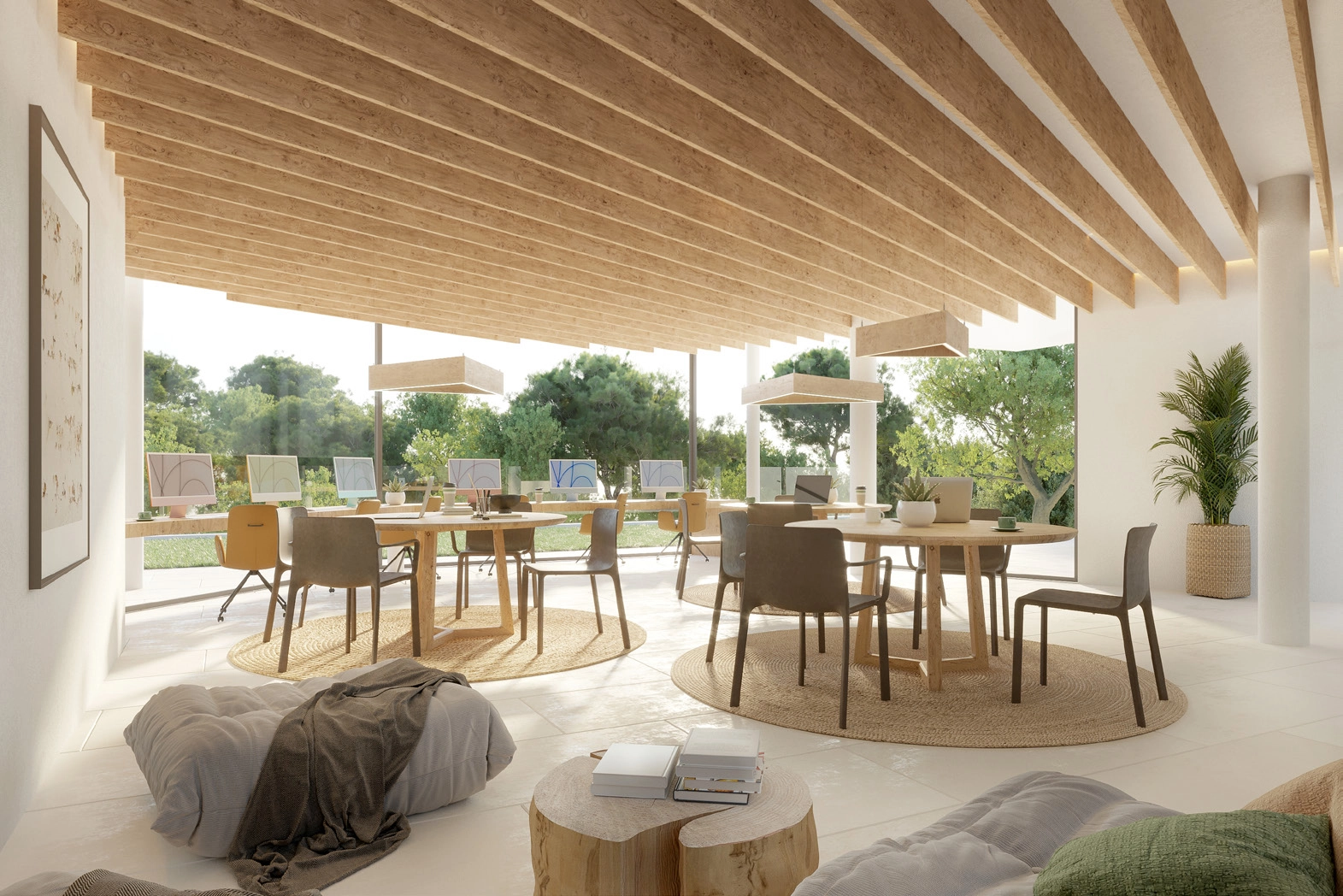 Un espacio de co-working dedicado ofrece un ambiente tranquilo e inspirador para que los residentes trabajen o se reúnan.