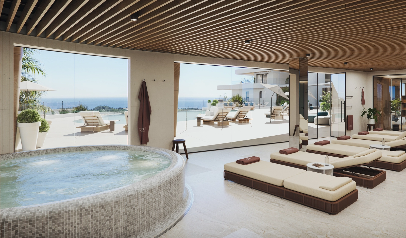 Una tranquila zona de bienestar con spa y jacuzzi, perfecta para el descanso y la renovación en la Costa del Sol.