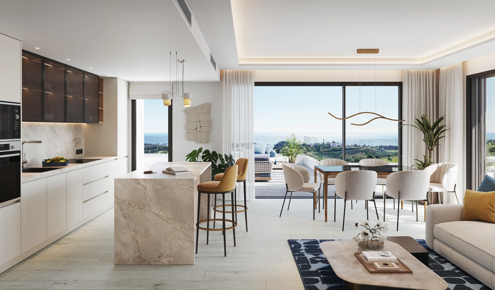 Una zona de estar de planta abierta llena de luz natural y vistas panorámicas al mar y al golf, creando una atmósfera de elegancia espaciosa.