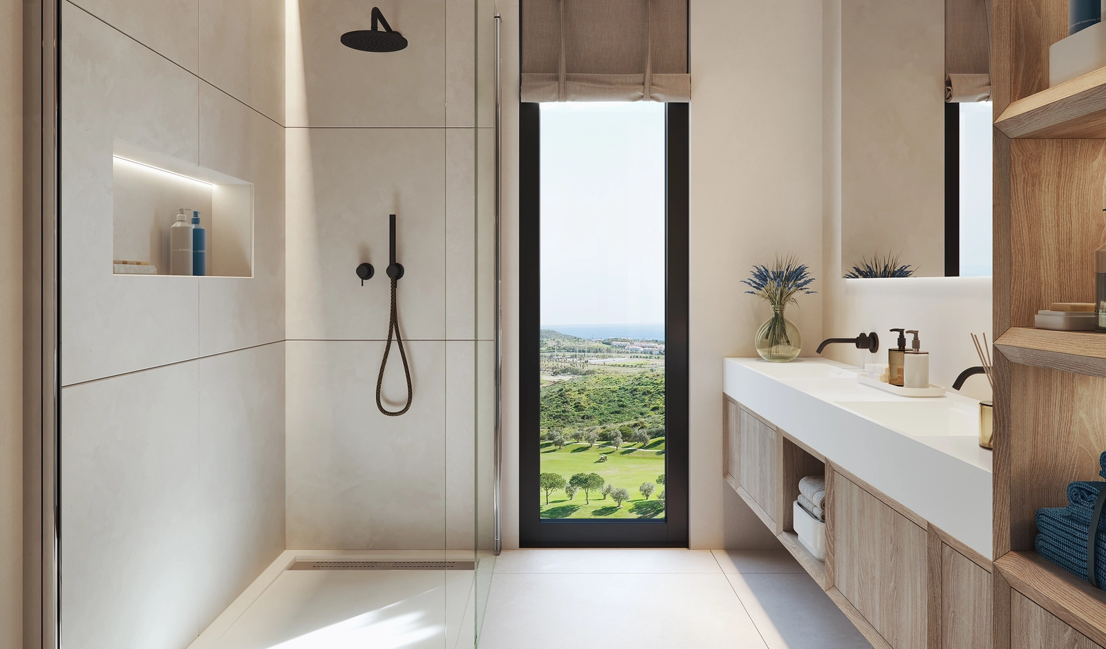 Su cuarto de baño ofrece un espacio tranquilo inspirado en un spa, con luz suave y vistas relajantes al club de golf Cerrado de Águila.