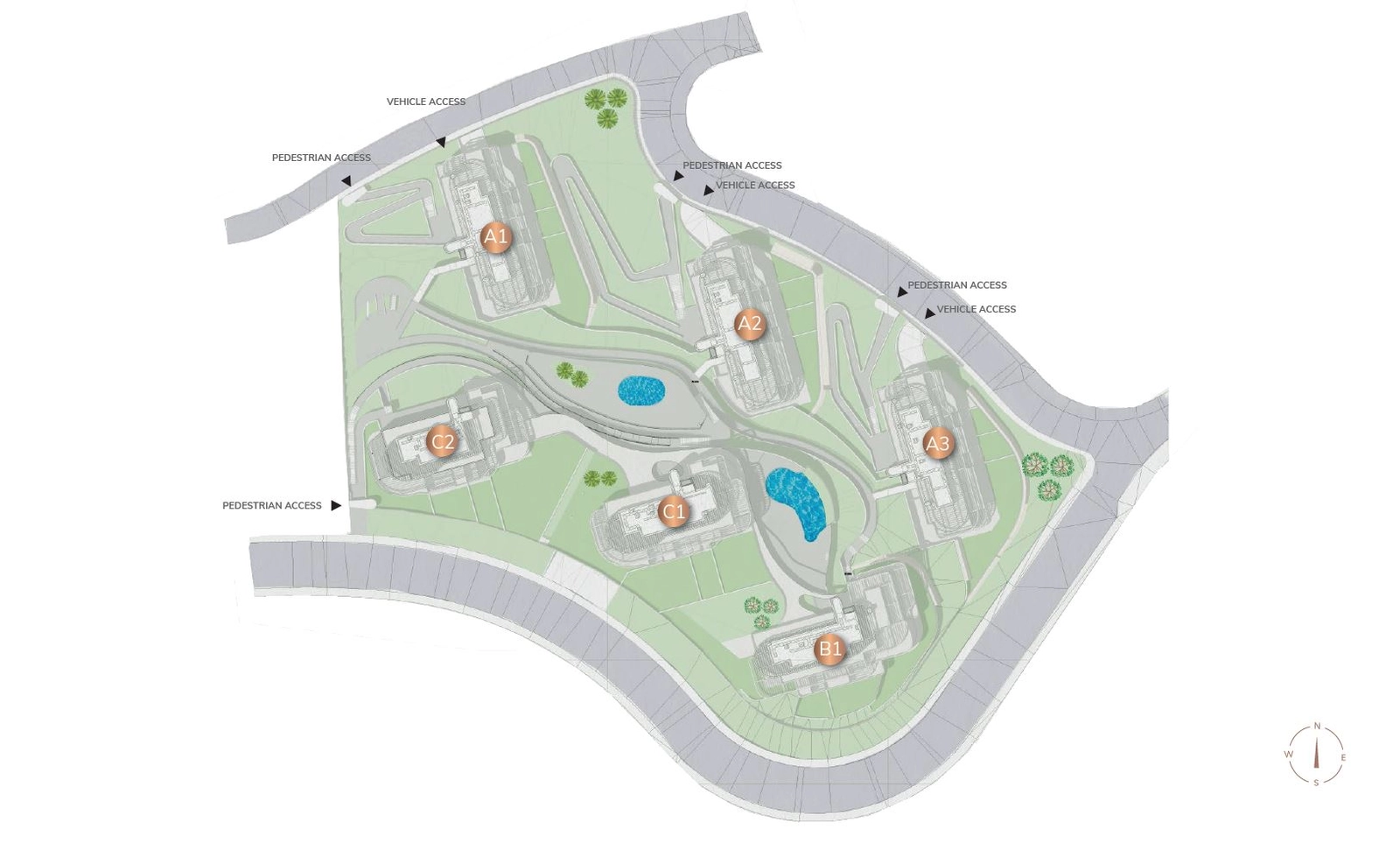 Descubra el plan maestro del emplazamiento, que muestra la armoniosa integración de seis edificios exclusivos dentro de jardines paisajísticos, piscinas y zonas recreativas.