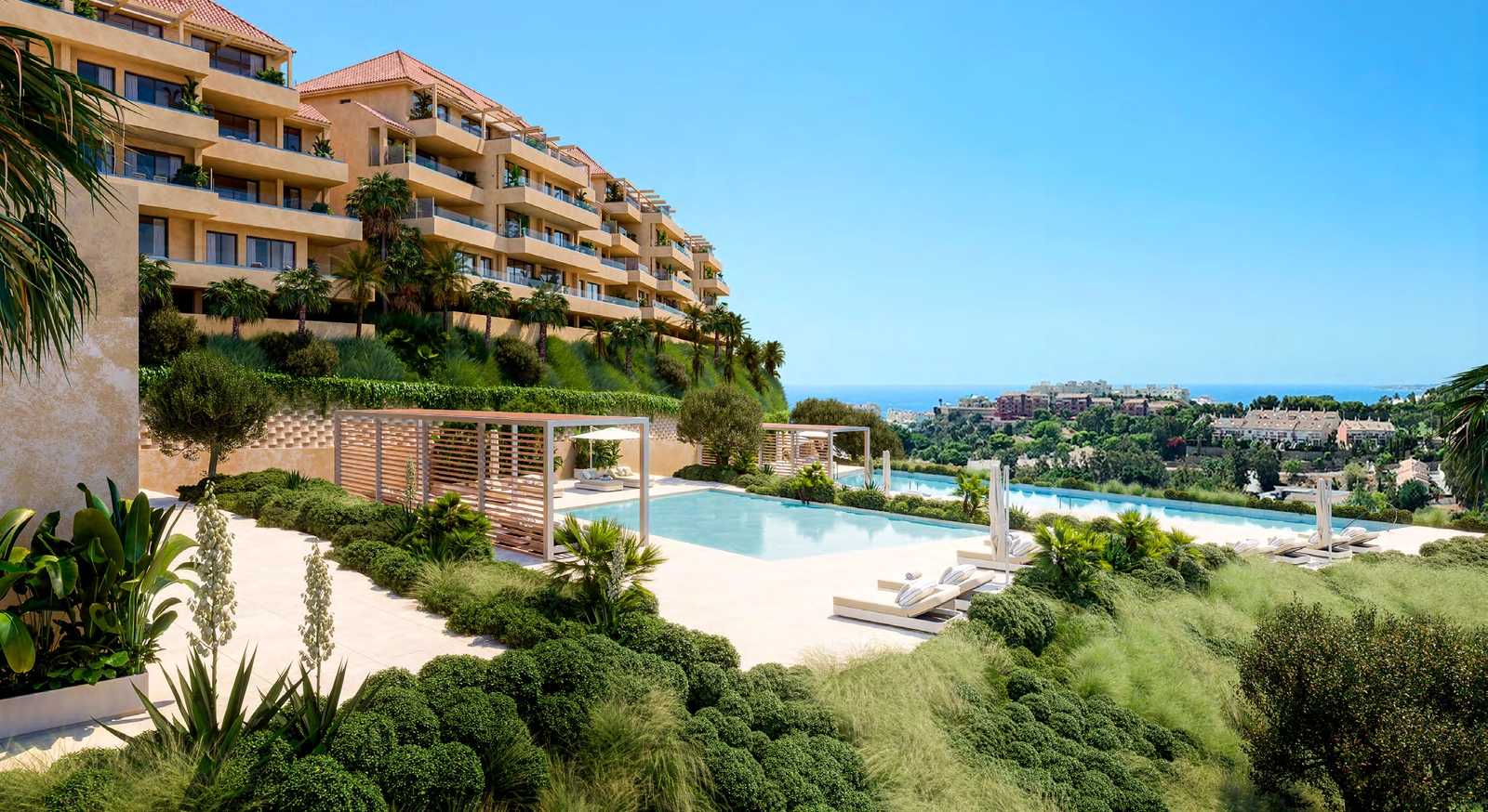 La piscina infinita, donde podrá nadar o relajarse mientras contempla el hermoso paisaje costero de Benalmádena.