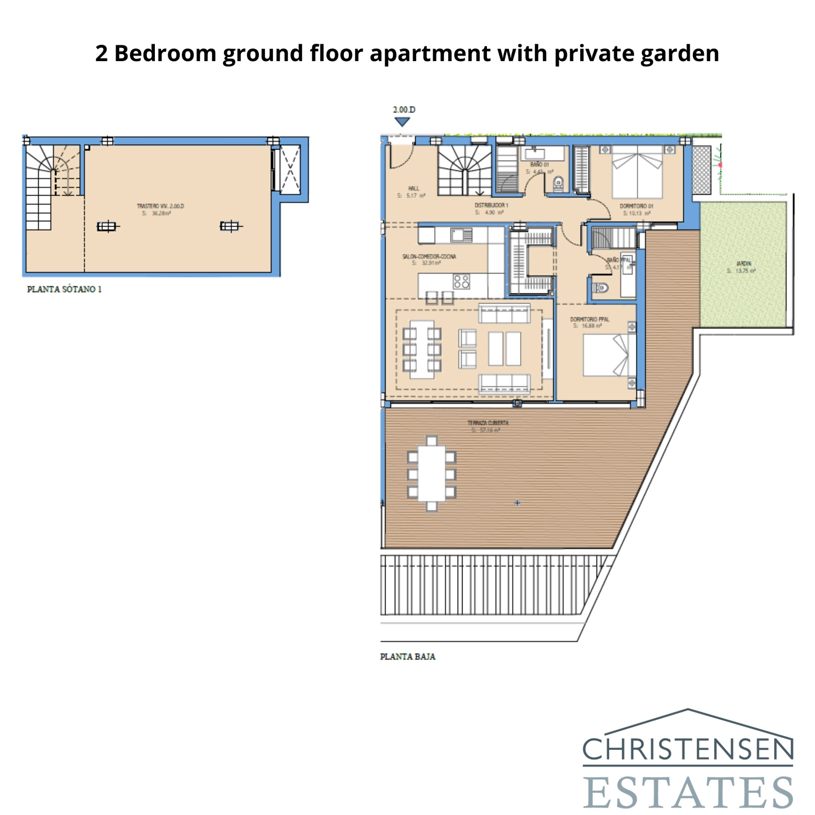 Una distribución de piso en planta baja de dos dormitorios cuidadosamente diseñada, que incluye un jardín privado para un estilo de vida que integra interior y exterior.