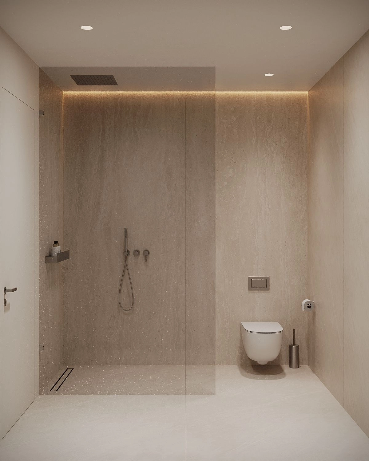 Un baño impecable con ducha a ras de suelo y accesorios minimalistas de alta calidad.