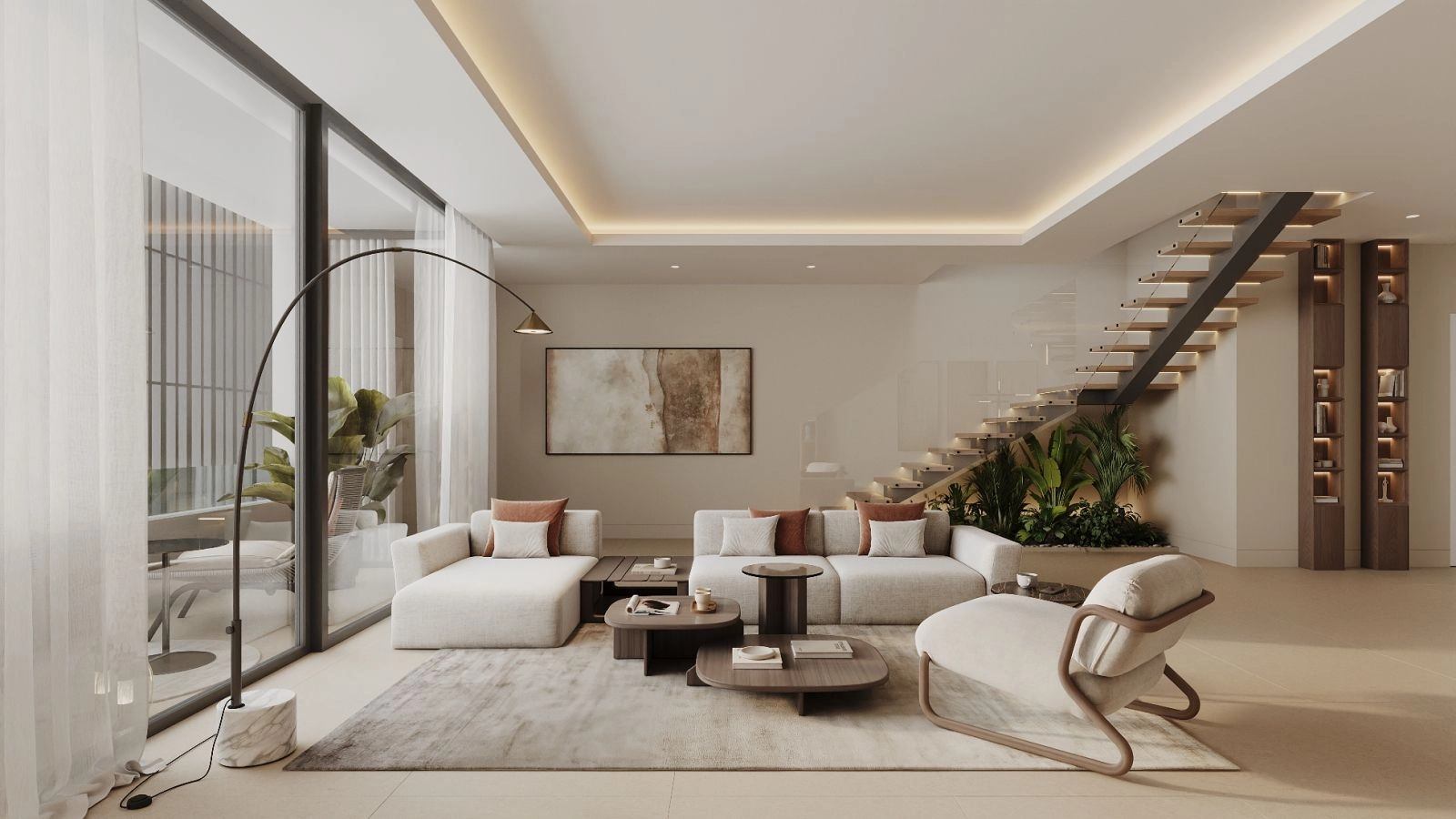 Luminosos y diáfanos espacios de estar inundados de luz natural, con un diseño moderno y elegante.