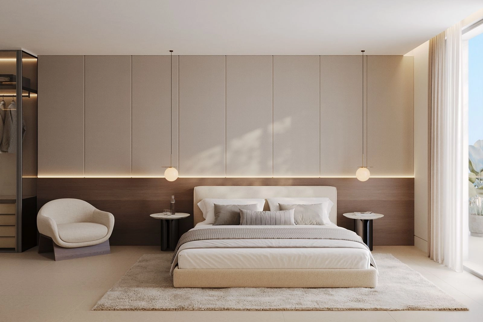 Un dormitorio principal sereno y espacioso diseñado para el máximo confort y relajación.