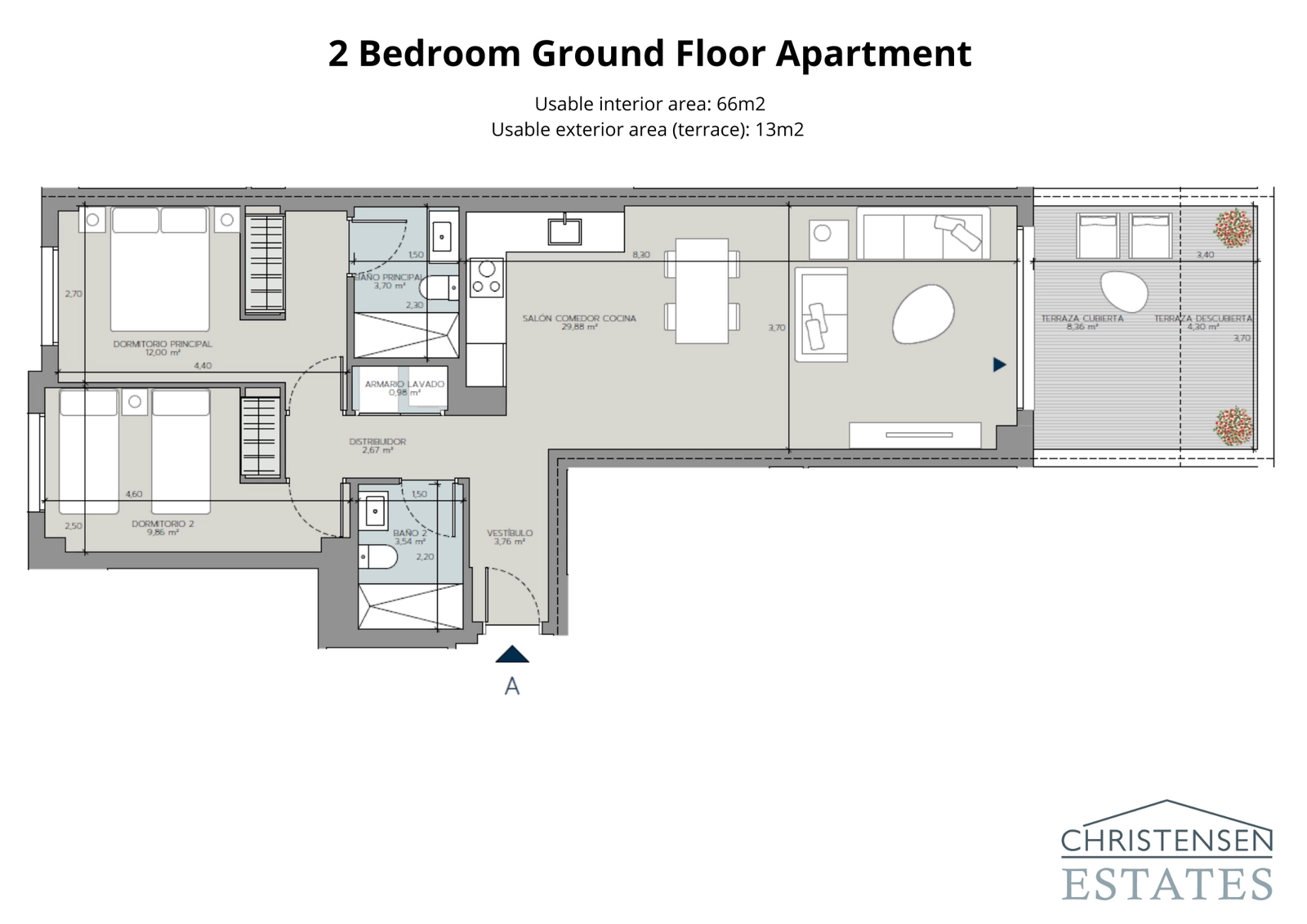 Este diseño de piso bajo de dos dormitorios cuenta con una generosa terraza, que amplía el espacio habitable al exterior para un estilo de vida relajado.