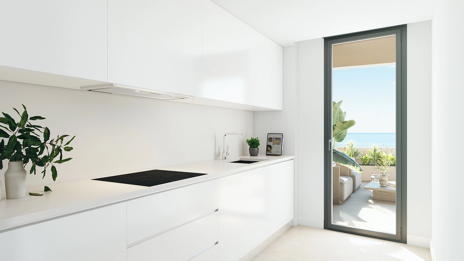 Una cocina moderna y luminosa equipada con electrodomésticos de alta gama, que se abre a la terraza para un estilo de vida interior-exterior.