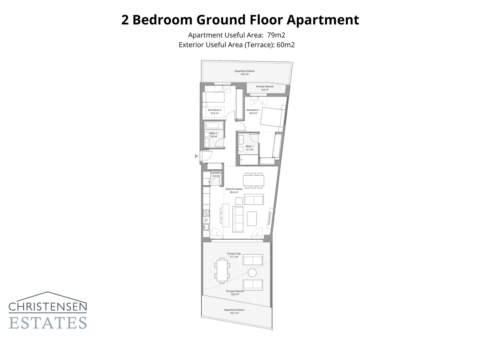 Este piso de dos dormitorios en planta baja cuenta con una distribución inteligente con dos terrazas separadas, extendiendo el espacio habitable al exterior.