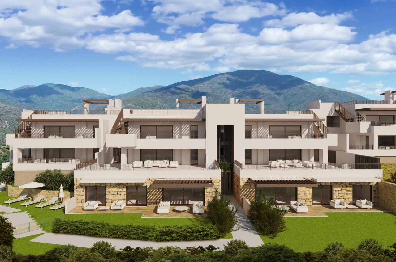 Las líneas limpias de la fachada del edificio, complementadas por exuberantes zonas ajardinadas para los residentes.