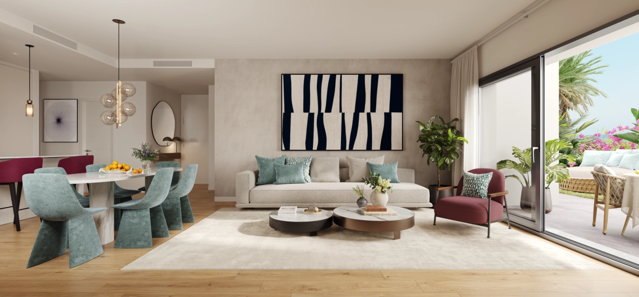 El elegante salón está diseñado para el confort y el estilo, con grandes ventanales que proporcionan abundante luz natural.