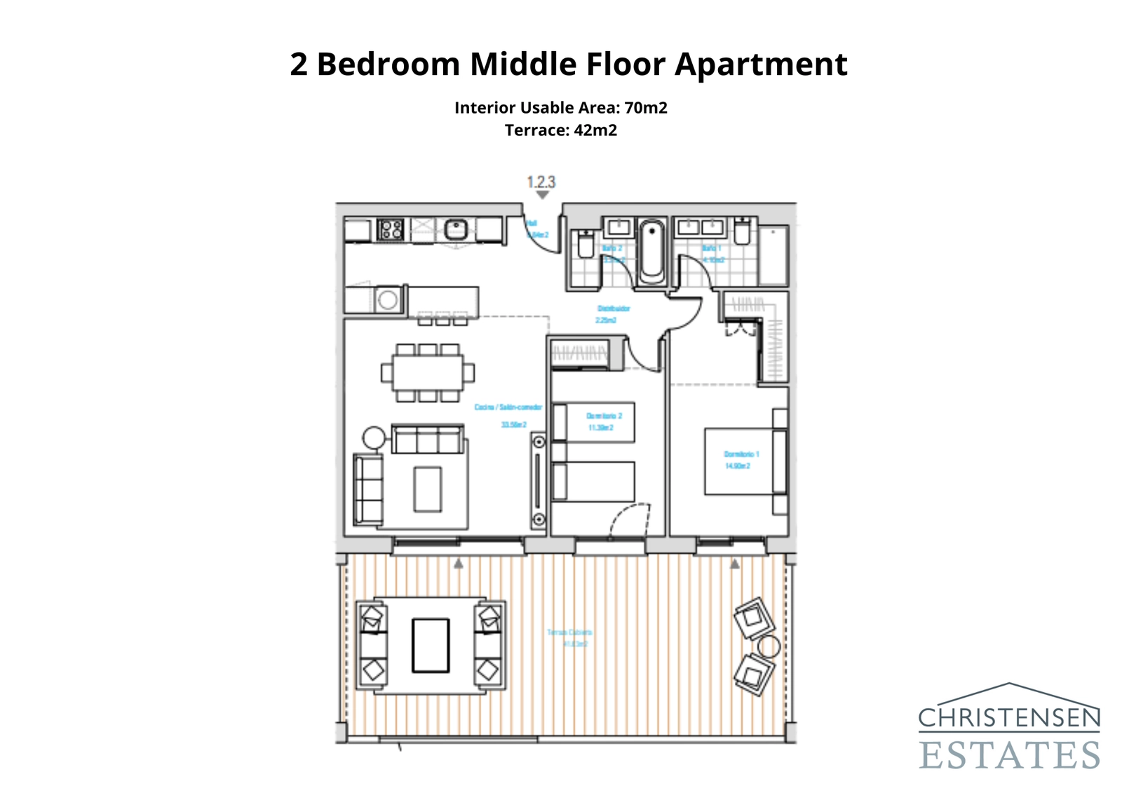 Un apartamento de dos dormitorios diseñado de forma inteligente, con una sala de estar de planta abierta que se extiende a una generosa terraza.