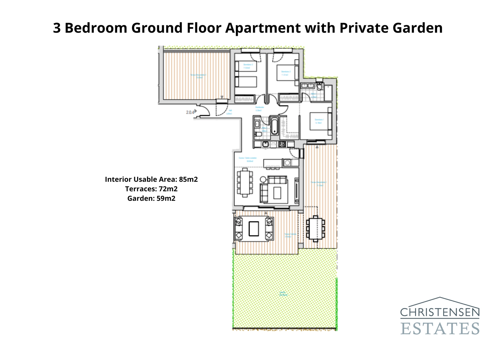 El espacioso plano de tres dormitorios en planta baja ofrece un amplio espacio habitable, un gran jardín privado y varias terrazas para el disfrute familiar.