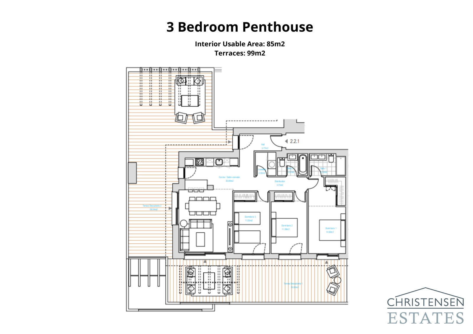 Este excepcional diseño de ático de tres dormitorios incluye amplias terrazas envolventes para maximizar las impresionantes vistas al mar y al golf.