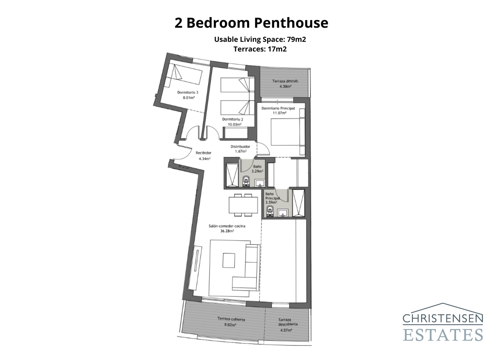 Un plano de ático de dos dormitorios diseñado para un estilo de vida premium, con amplios espacios habitables y varias terrazas para disfrutar del agradable clima de la Costa del Sol.