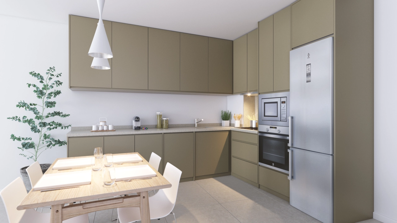 Una cocina contemporánea totalmente equipada con electrodomésticos de alta calidad y acabados elegantes, lista para que la disfrute.