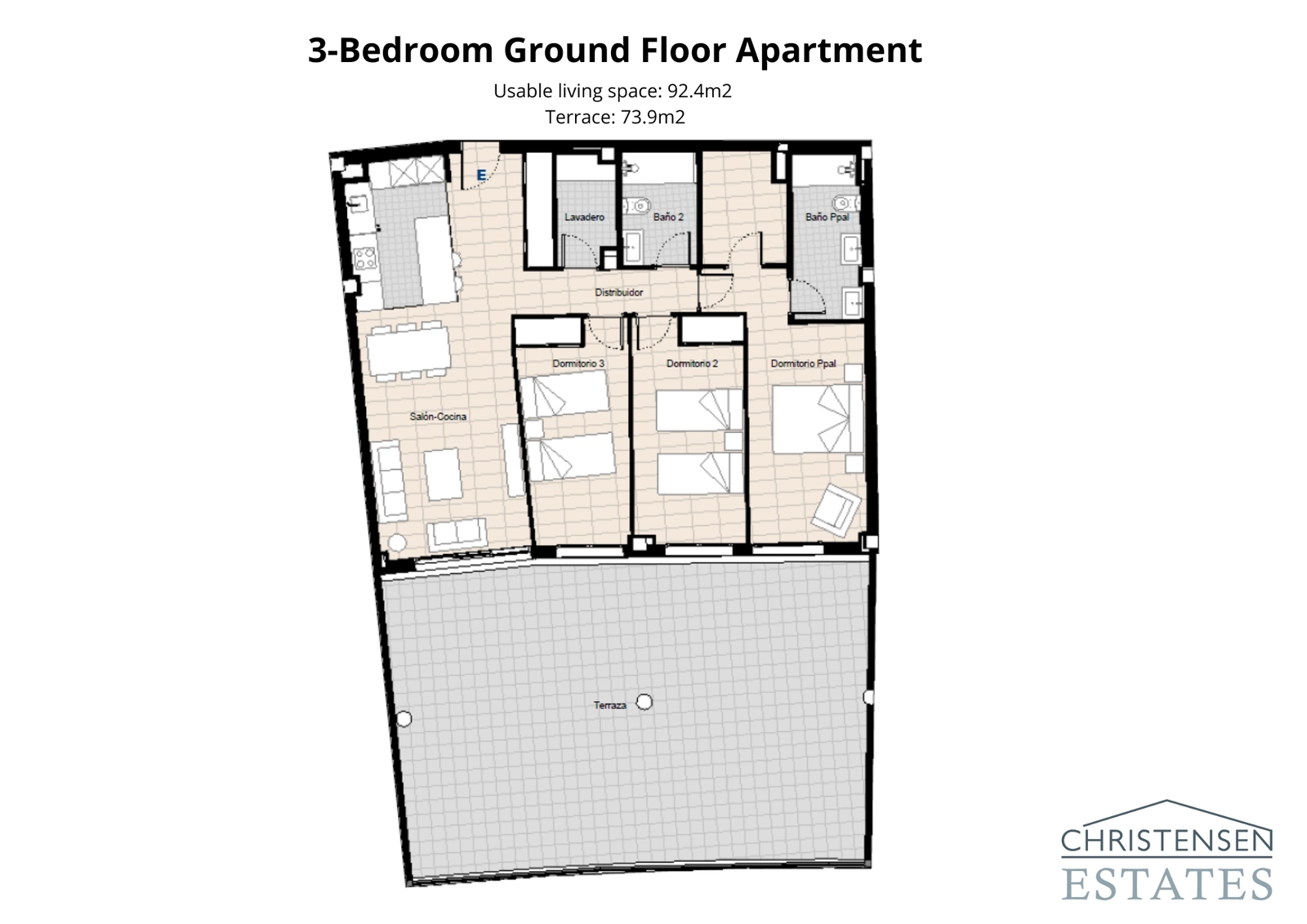 Un amplio diseño de piso de tres dormitorios en planta baja con una terraza excepcionalmente grande, perfecta para un estilo de vida interior-exterior.