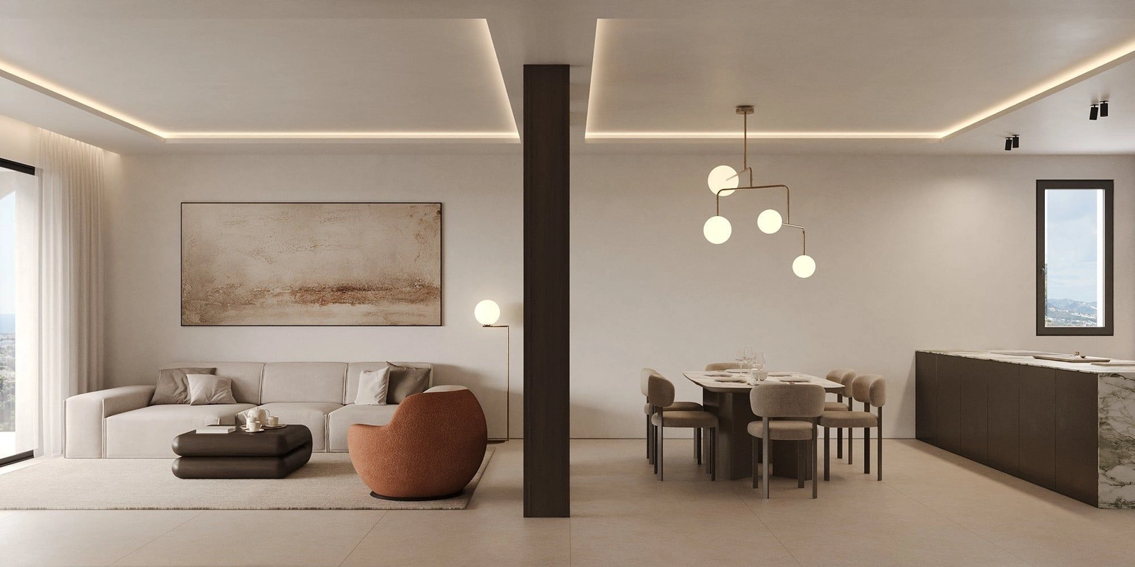 Interiores de planta abierta crean una sensación de espacio y luz, ideales para una vida contemporánea.