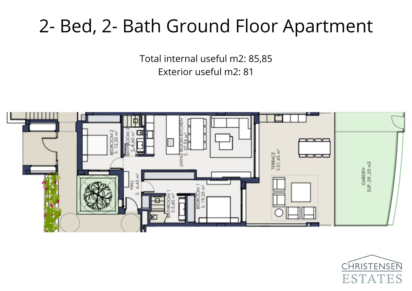 Un diseño de piso bajo de dos dormitorios cuidadosamente planeado, con un flujo perfecto hacia una gran terraza y un jardín privado.