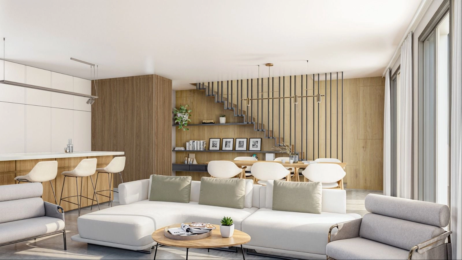 Un espacio de vida de planta abierta que combina un diseño moderno con un ambiente cálido y acogedor.