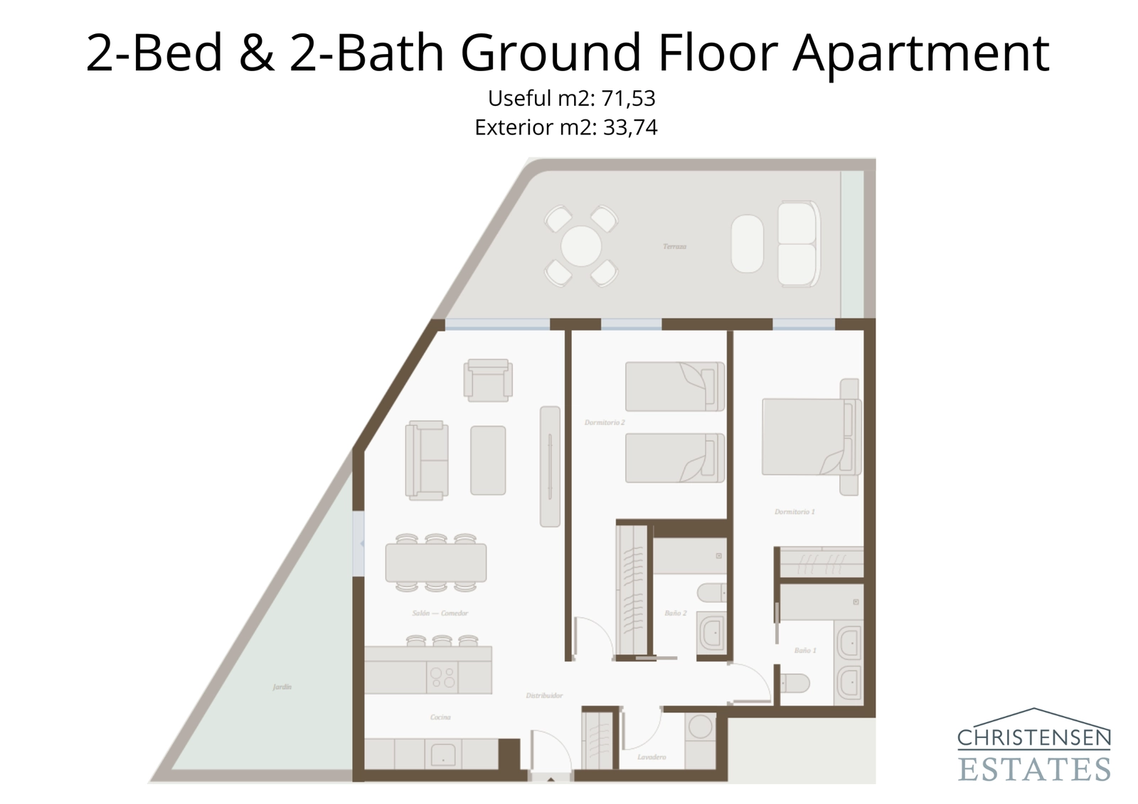 Plano de un piso de dos dormitorios en planta baja, con una amplia sala de estar que se abre a un jardín privado.