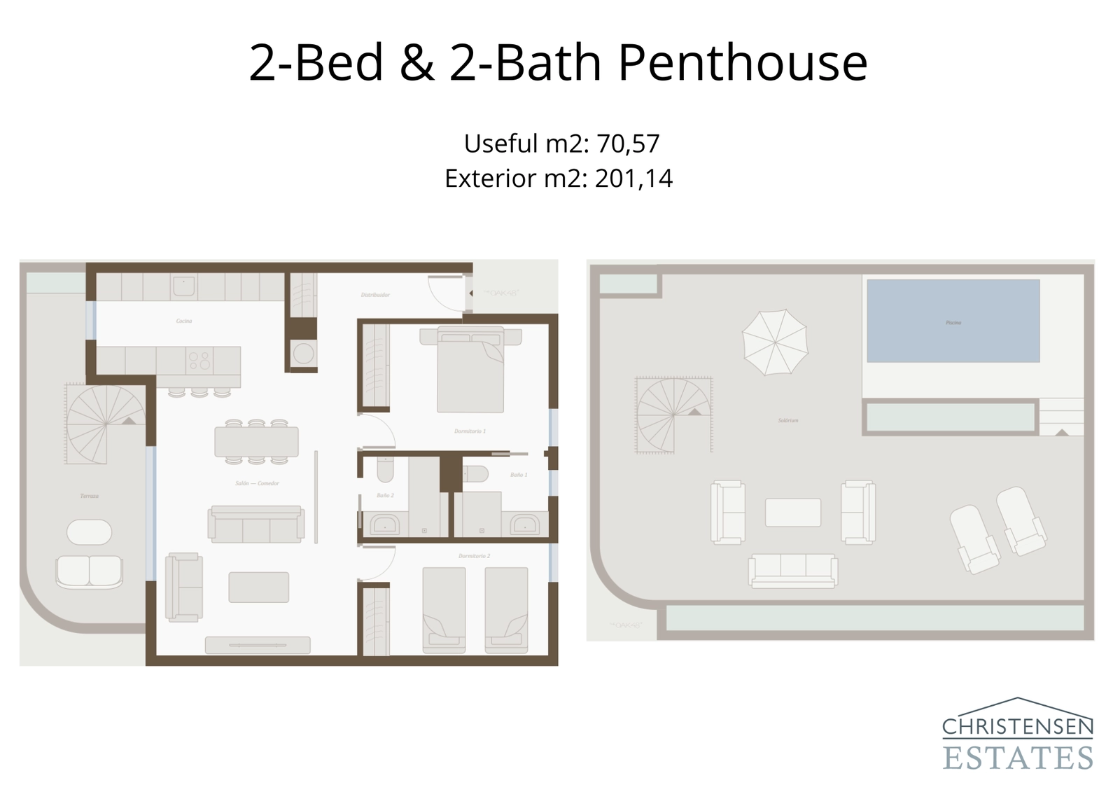 El plano del ático de dos dormitorios incluye un magnífico solárium en la azotea con una piscina privada, ofreciendo un estilo de vida exclusivo.