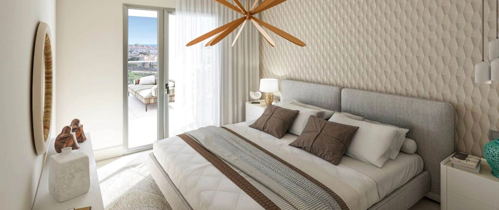 El dormitorio principal es un santuario de paz, con acceso directo a la terraza y abundante luz natural.