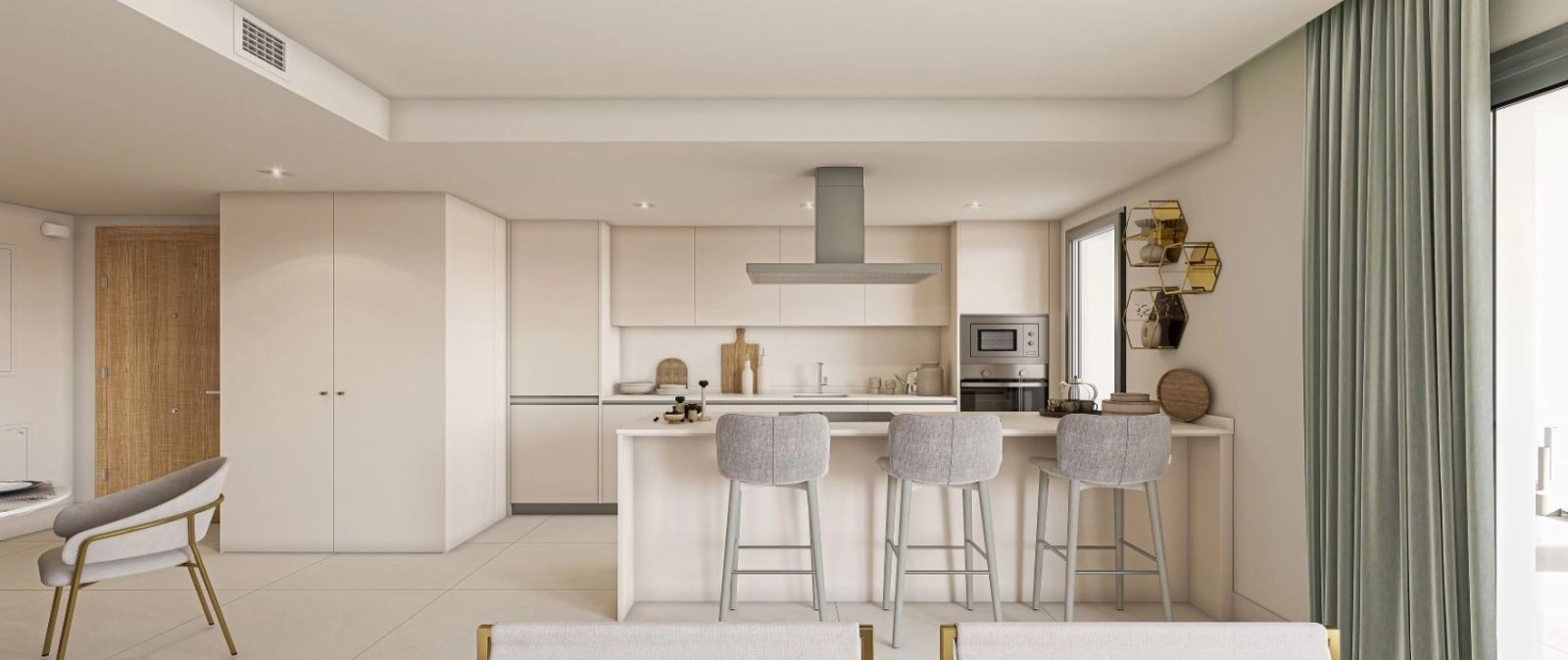 La cocina de planta abierta se integra en la zona de estar, creando un espacio sociable para la vida moderna.