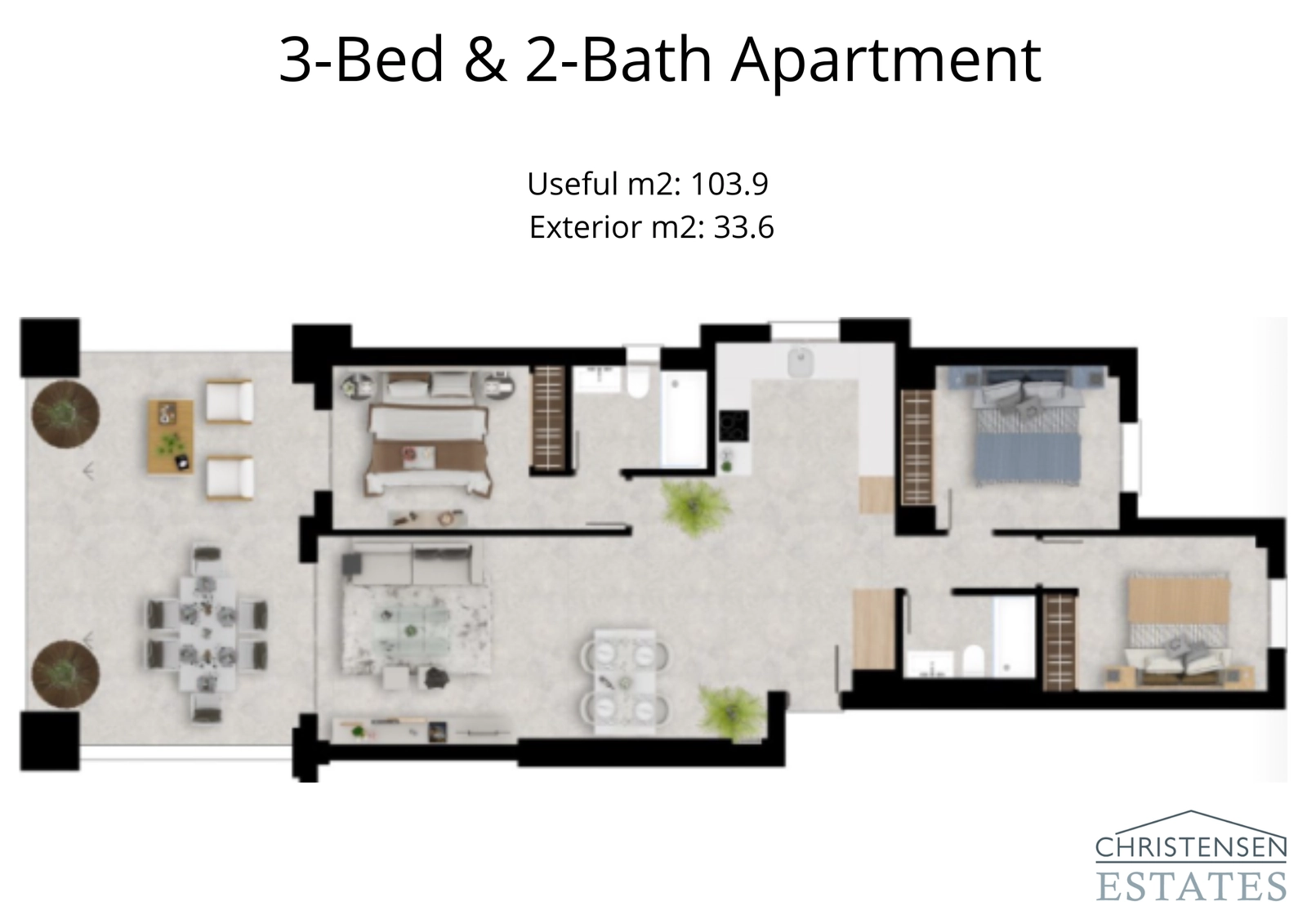 El plano de tres dormitorios ofrece un amplio espacio para familias, con una conexión perfecta entre interior y exterior y cómodas zonas de estar.