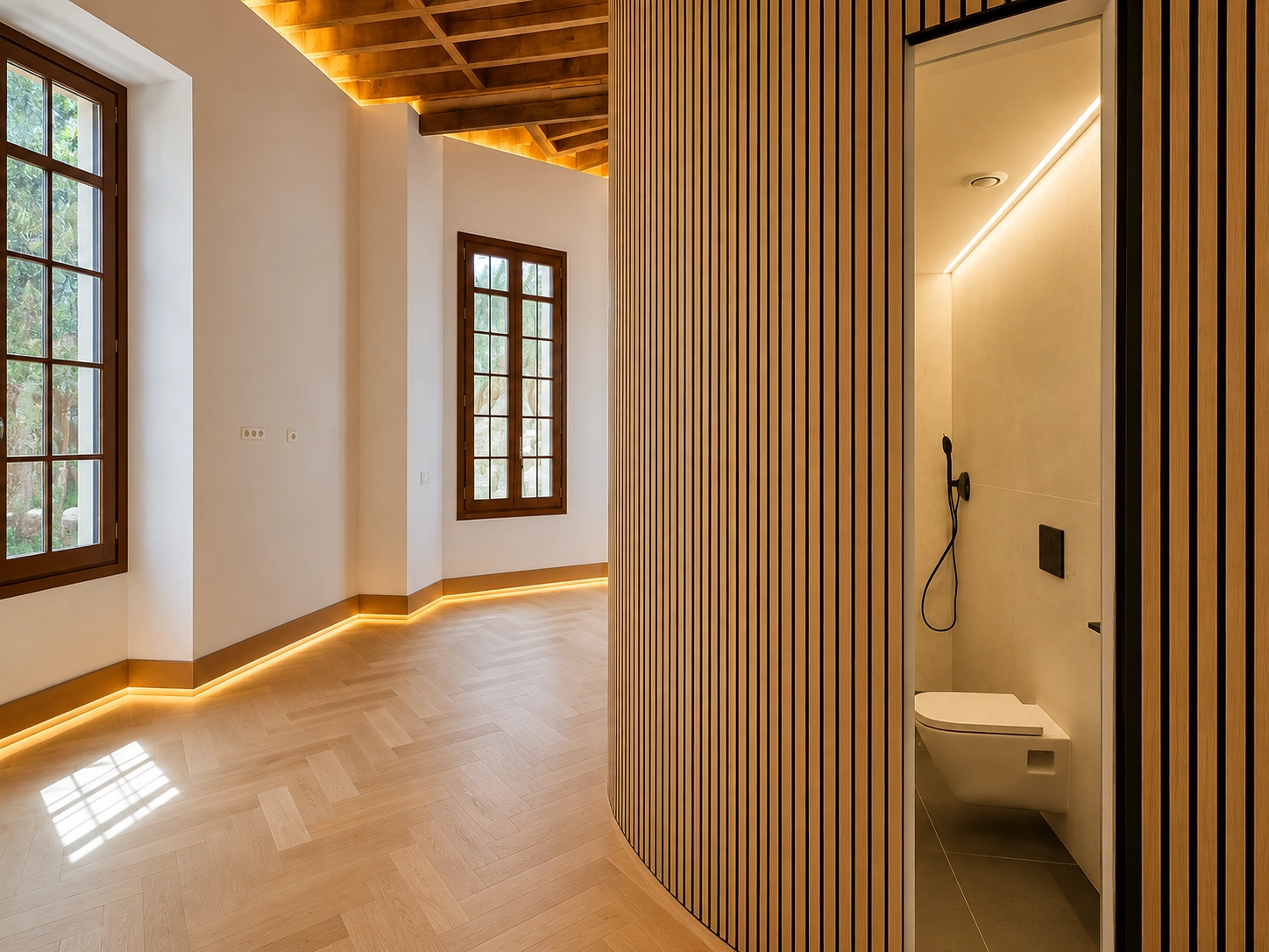 Un espacio elegante que muestra la transición de la zona de estar a un cuarto de baño moderno y sofisticado.