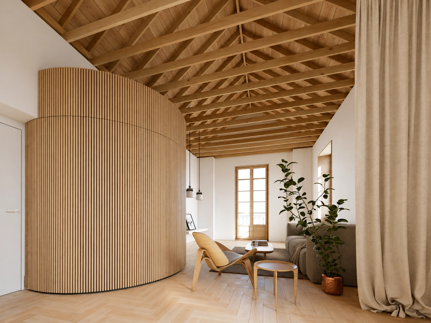 Salones luminosos y amplios con techos de vigas de madera a la vista crean una sensación cálida y acogedora.