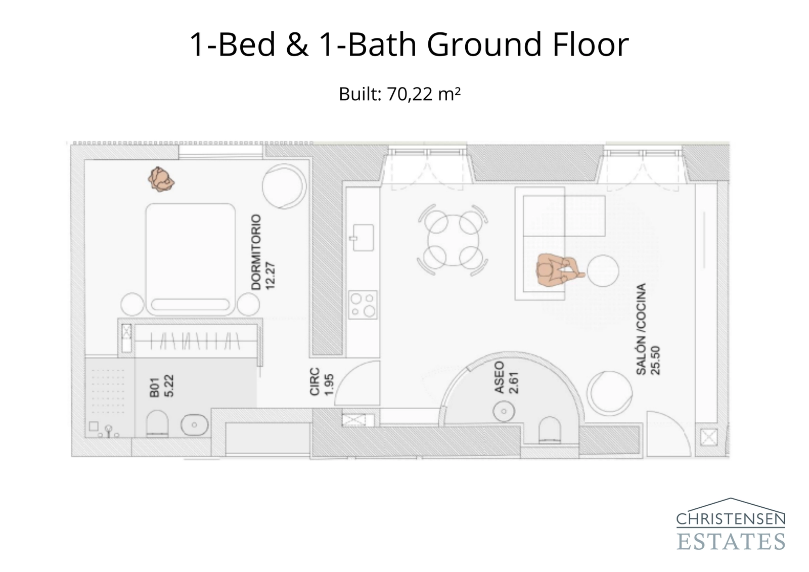 Este plano de un dormitorio presenta una distribución eficiente con una zona de salón y cocina combinada, creando un espacio de vida luminoso y abierto.