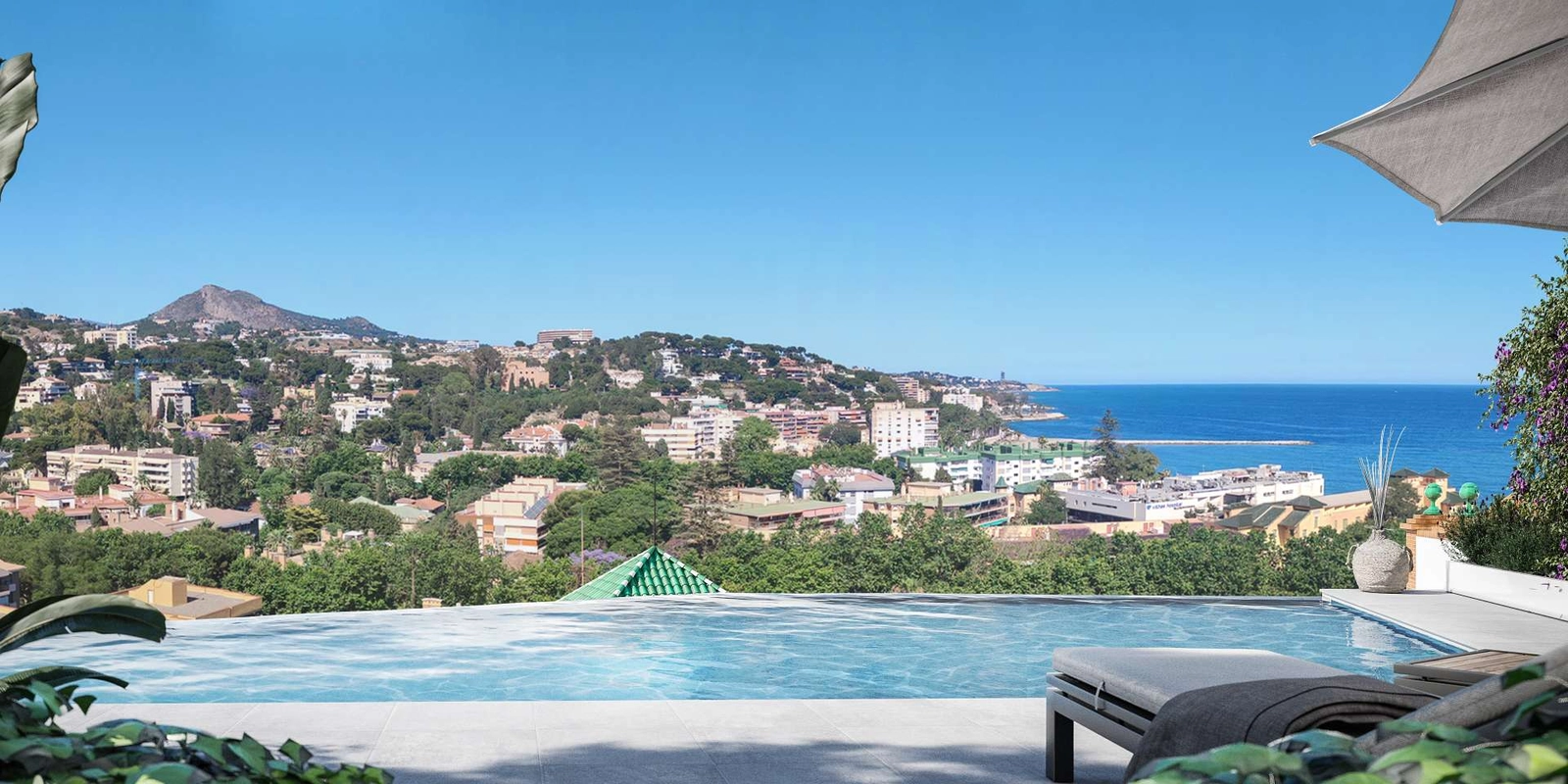 Disfrute de impresionantes vistas panorámicas de Málaga y el mar Mediterráneo desde la piscina de los residentes.