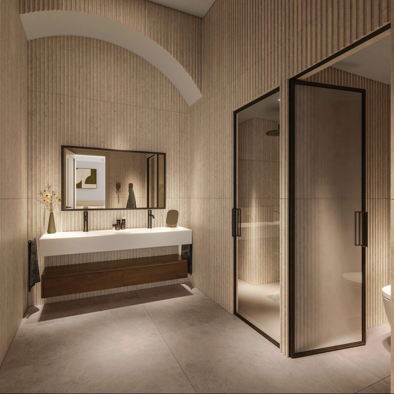 Un baño elegante que combina paredes texturizadas con comodidades modernas para un ambiente cálido y acogedor.
