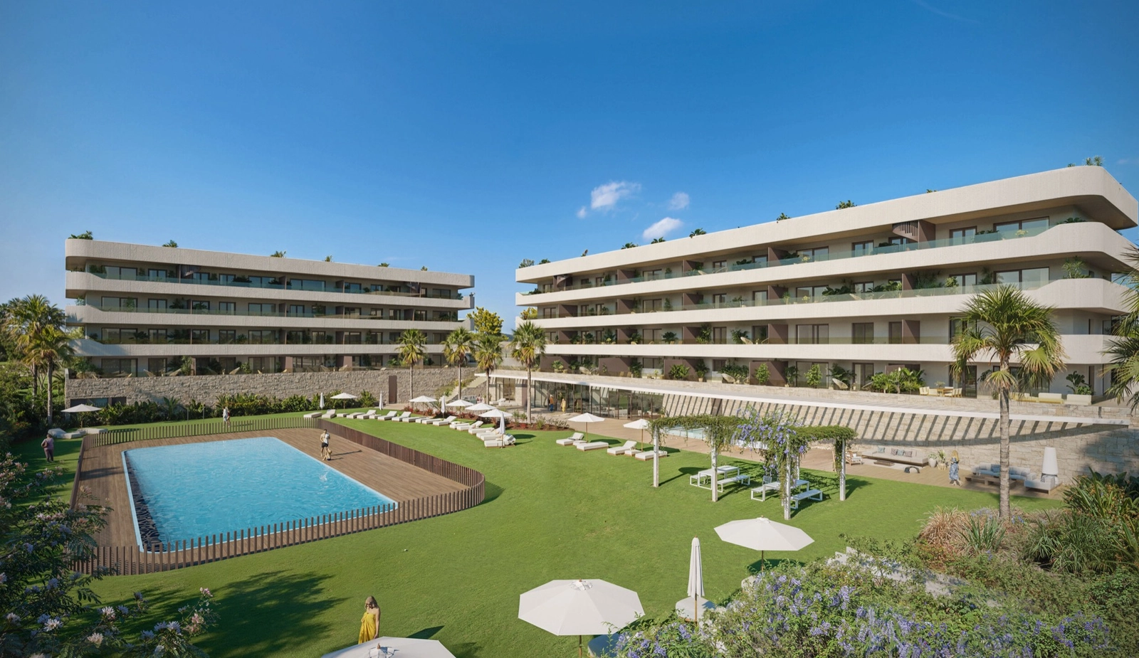 La residencia presenta una impresionante arquitectura moderna rodeada de zonas verdes y una gran piscina central.