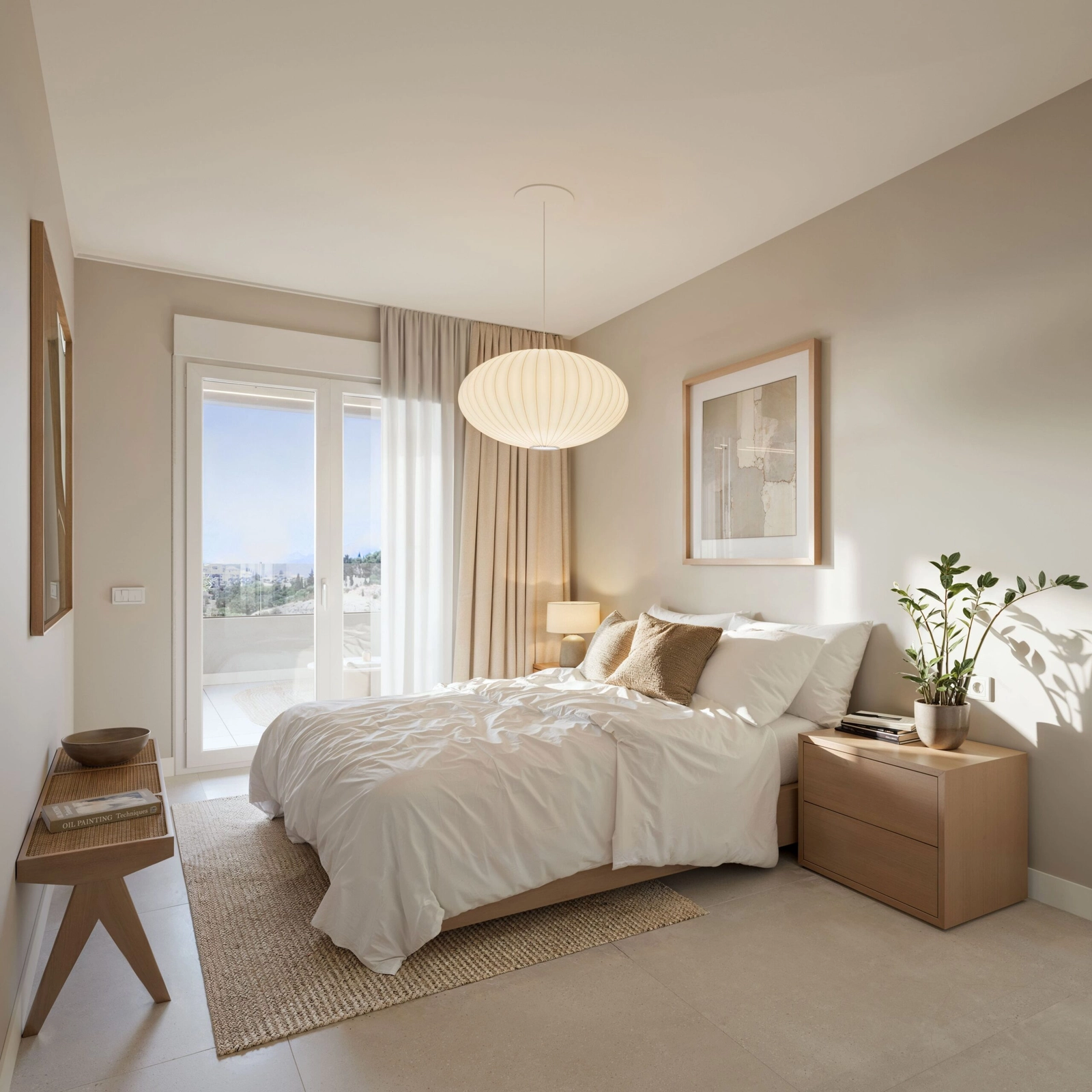 Un dormitorio sereno y confortable con acceso directo a una terraza privada.