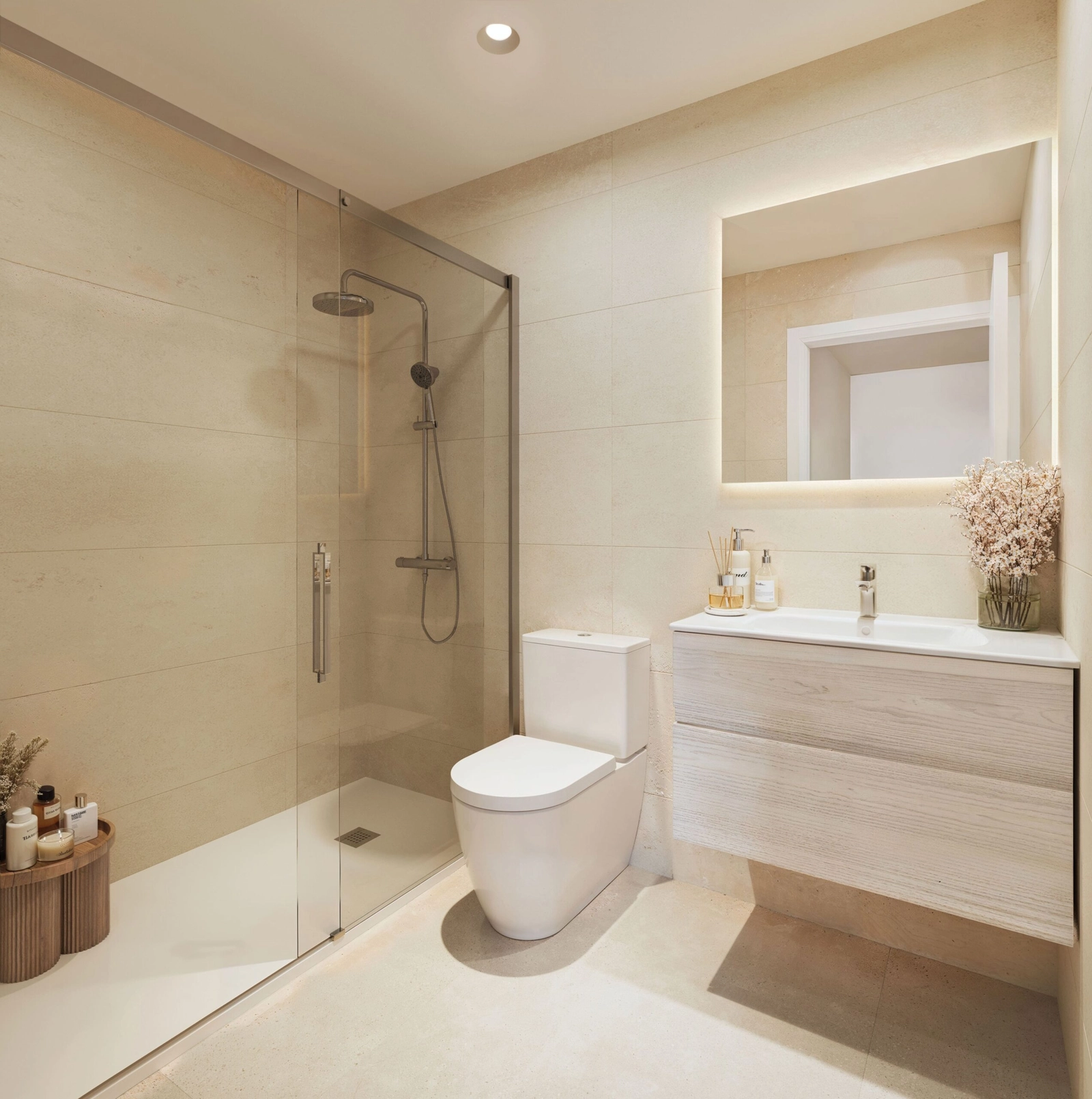 Un elegante cuarto de baño con ducha a ras de suelo y detalles de diseño contemporáneo.