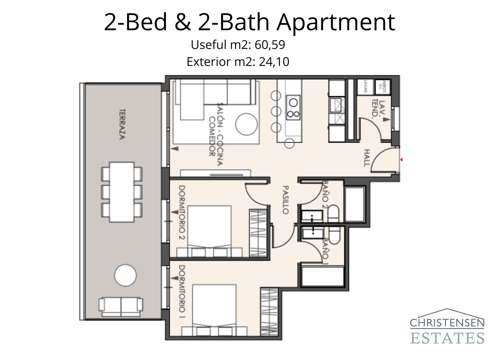 Plano de una vivienda de dos dormitorios, que muestra una distribución funcional con una sala de estar de concepto abierto y una gran terraza.