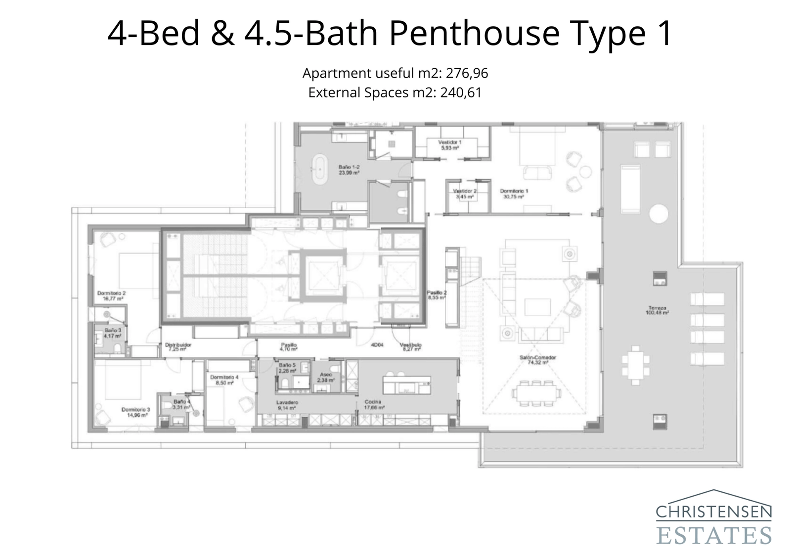 Este espacioso diseño de ático de cuatro dormitorios está diseñado para una vida de lujo, con una amplia zona de estar principal que se abre a una magnífica terraza de 153 m², ofreciendo excepcionales vistas al mar.