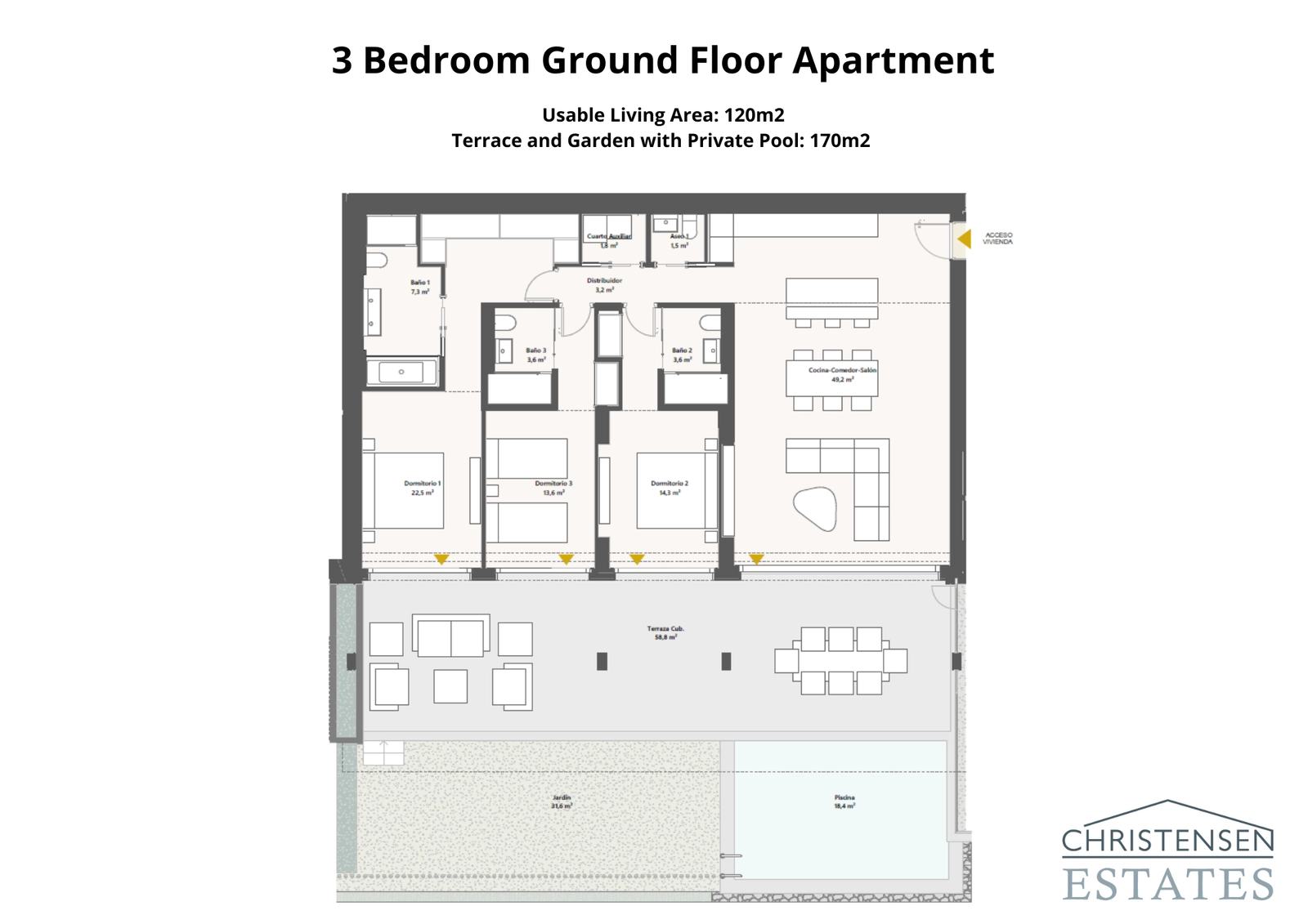 Esta distribución de apartamento en planta baja de tres dormitorios muestra una fluidez perfecta desde el espacioso interior a una gran terraza, jardín y piscina privada.