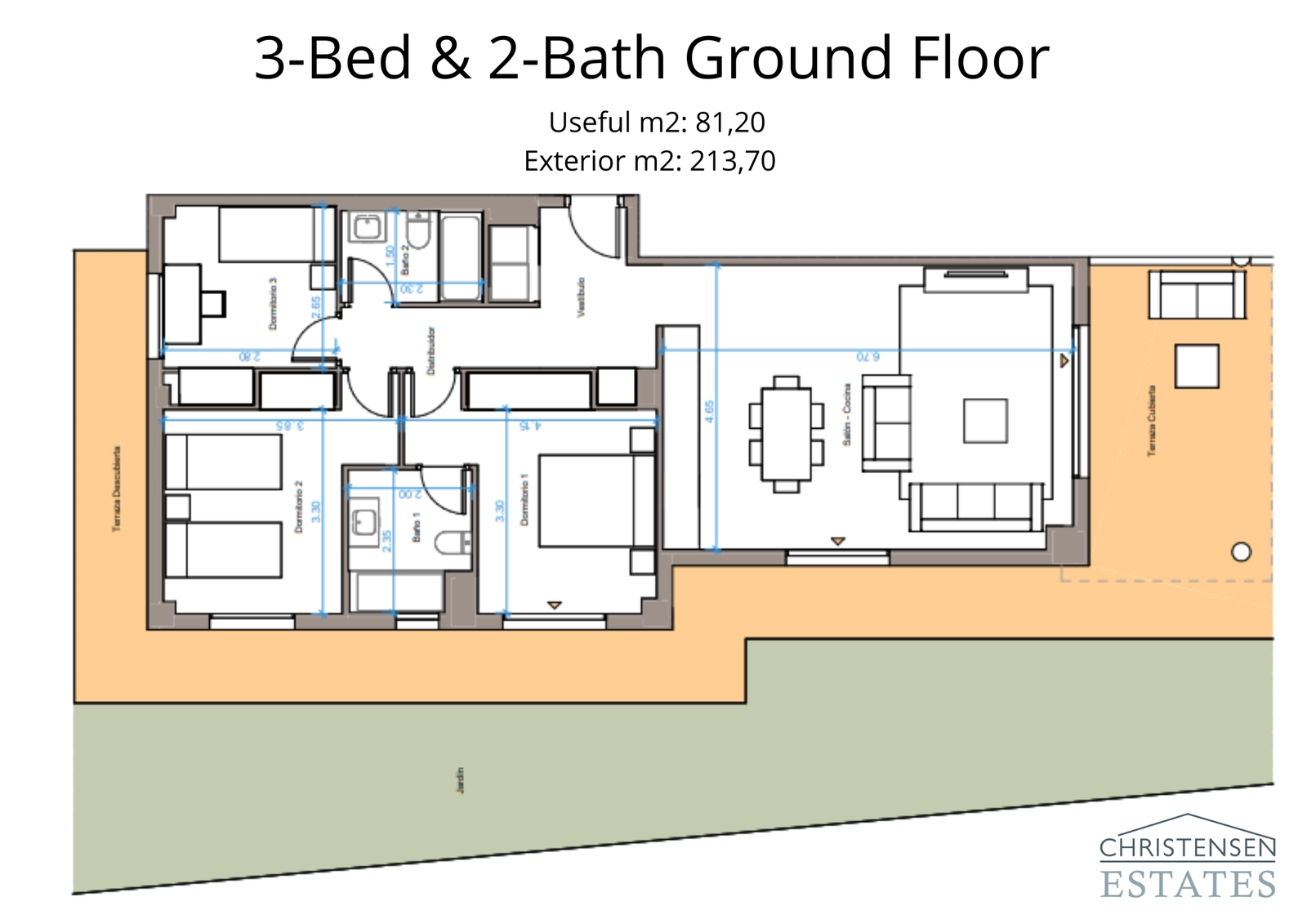 Una espaciosa distribución de planta baja de tres dormitorios con una amplia terraza y zona de jardín privado.