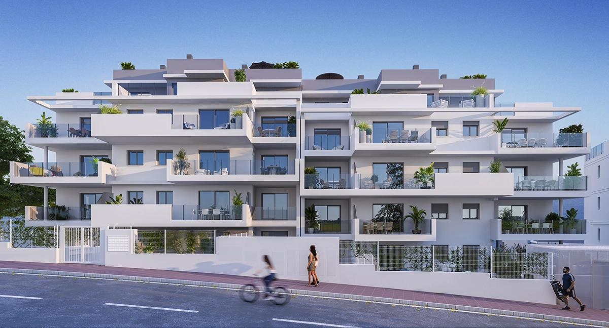 El moderno diseño arquitectónico del edificio, con líneas limpias y amplias terrazas.