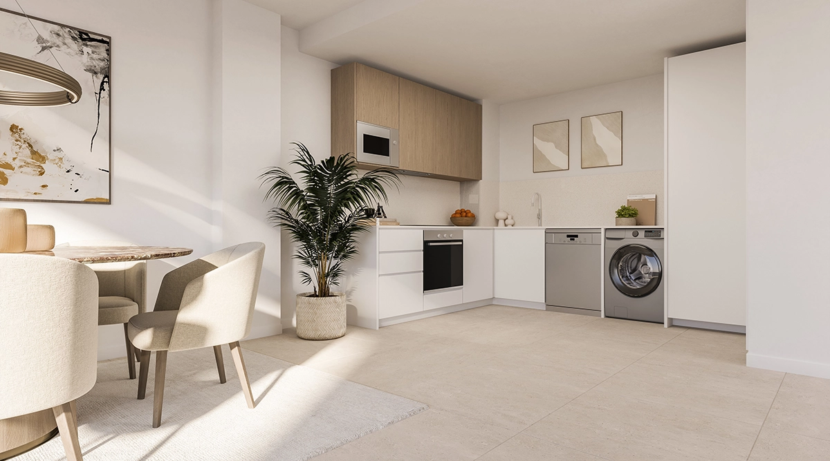 Una cocina moderna y totalmente equipada con electrodomésticos de alta calidad y un diseño de planta abierta para una vida contemporánea.