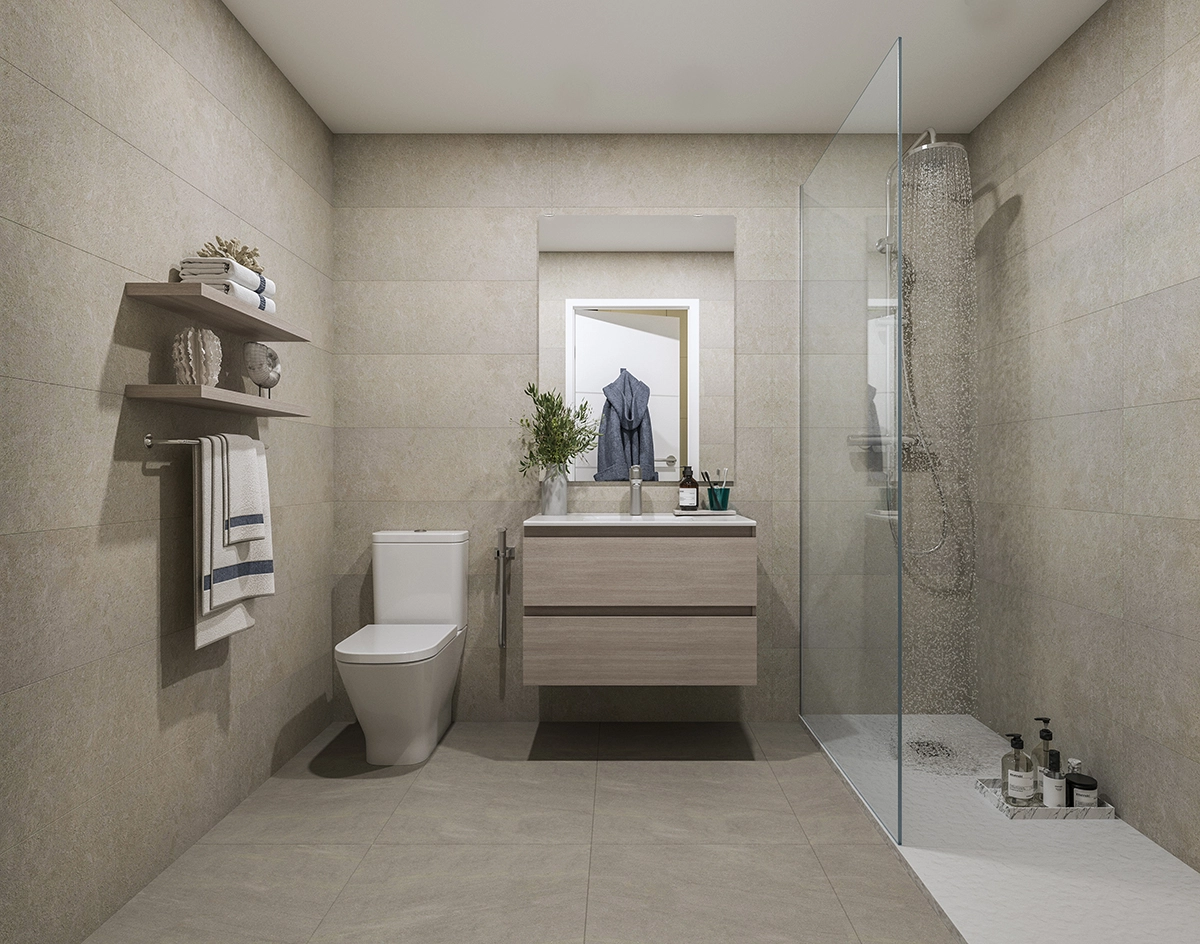 Un baño elegante y contemporáneo con accesorios de alta calidad y una amplia ducha a ras de suelo.