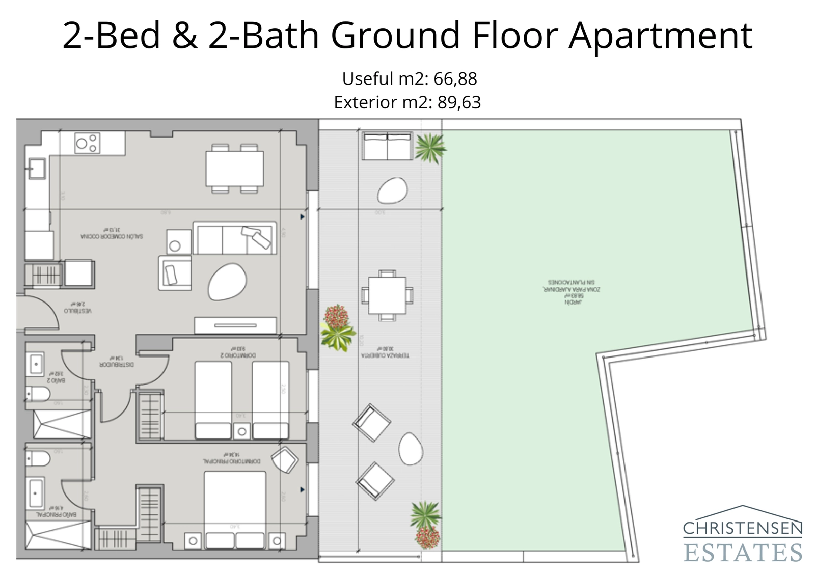 Esta distribución de planta baja de dos dormitorios cuenta con un amplio jardín privado, que extiende sin problemas la zona de estar al exterior para una vida perfecta entre interior y exterior.