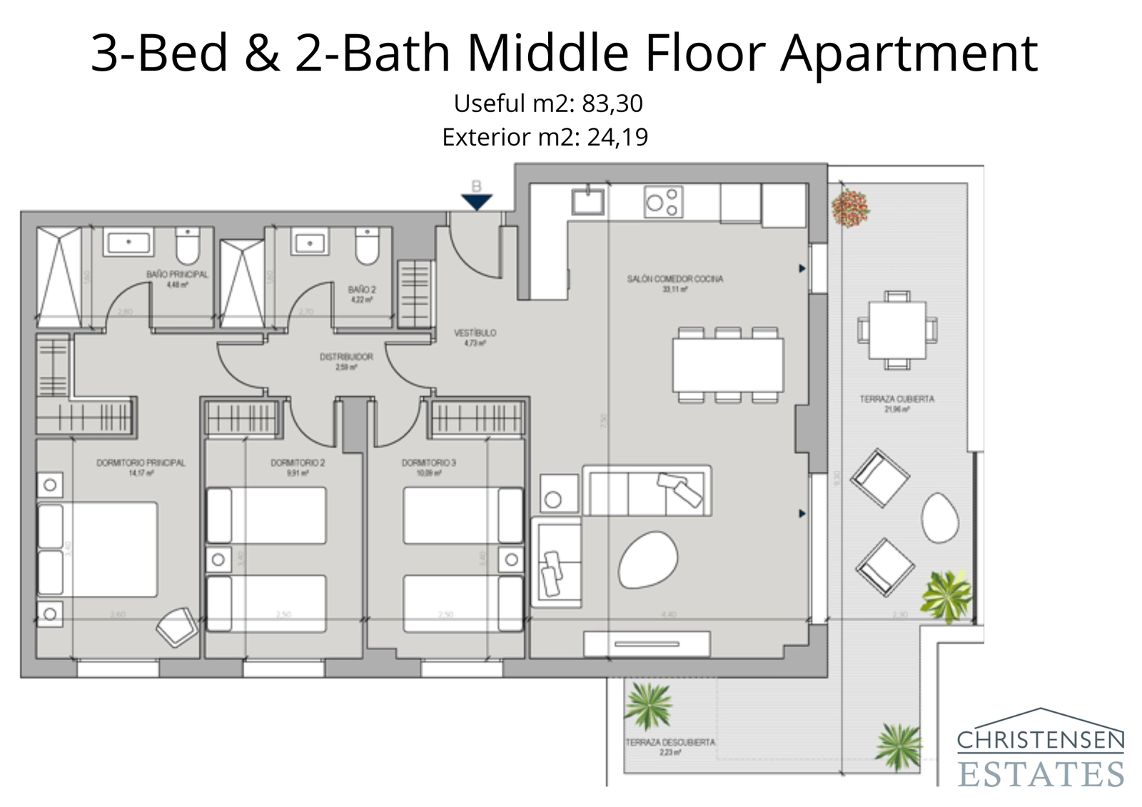 Un plano de apartamento de tres dormitorios bien diseñado, que ofrece una generosa terraza cubierta y una clara separación entre las zonas de día y de noche para un mayor confort.