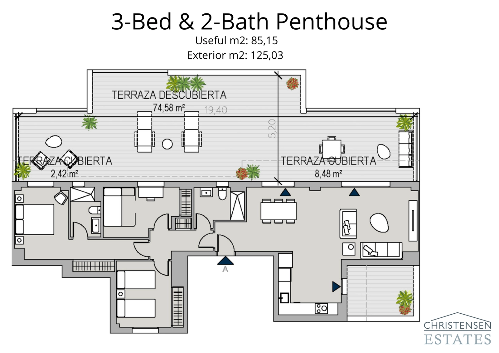 Este ático de tres dormitorios ofrece una excepcional terraza en la azotea, creando un refugio privado con amplio espacio para el ocio y la relajación sobre la Costa del Sol.