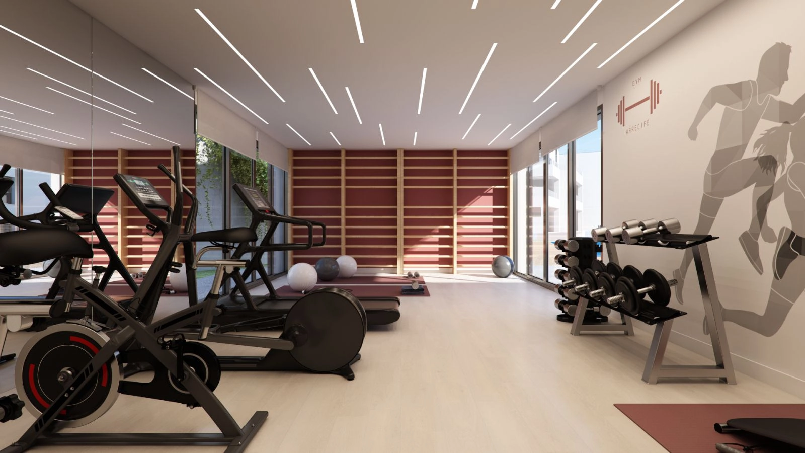Manténgase activo y saludable en el gimnasio privado totalmente equipado para residentes.