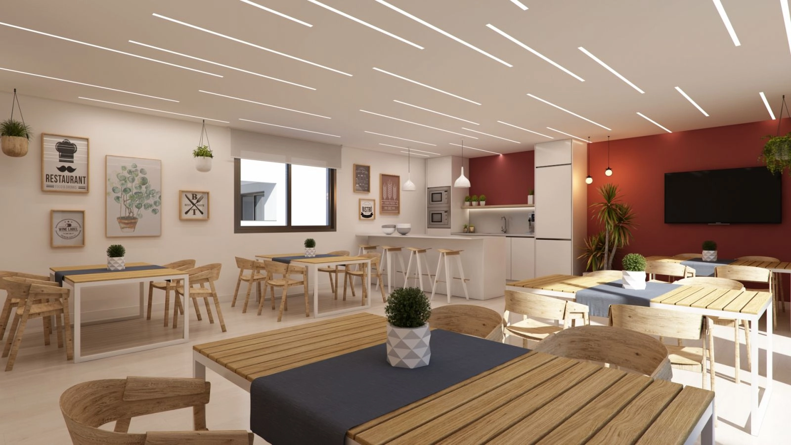 Un versátil espacio de coworking y sala gourmet donde los residentes pueden trabajar, reunirse o relajarse cómodamente.