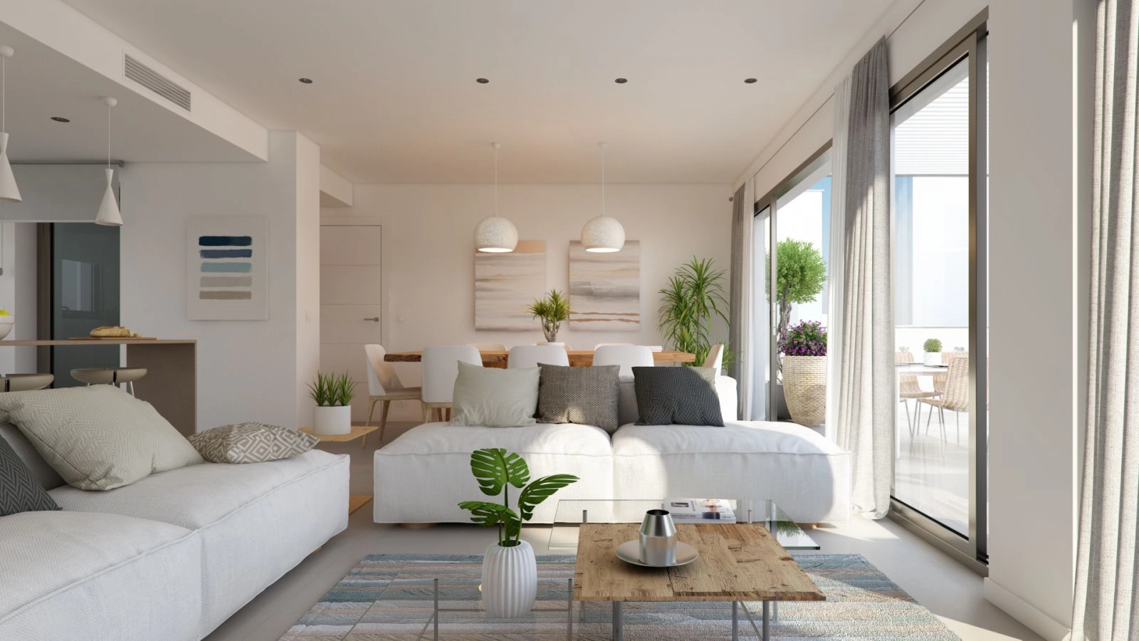 Salones luminosos diseñados para el confort, con grandes ventanales para maximizar la luz natural del Mediterráneo.
